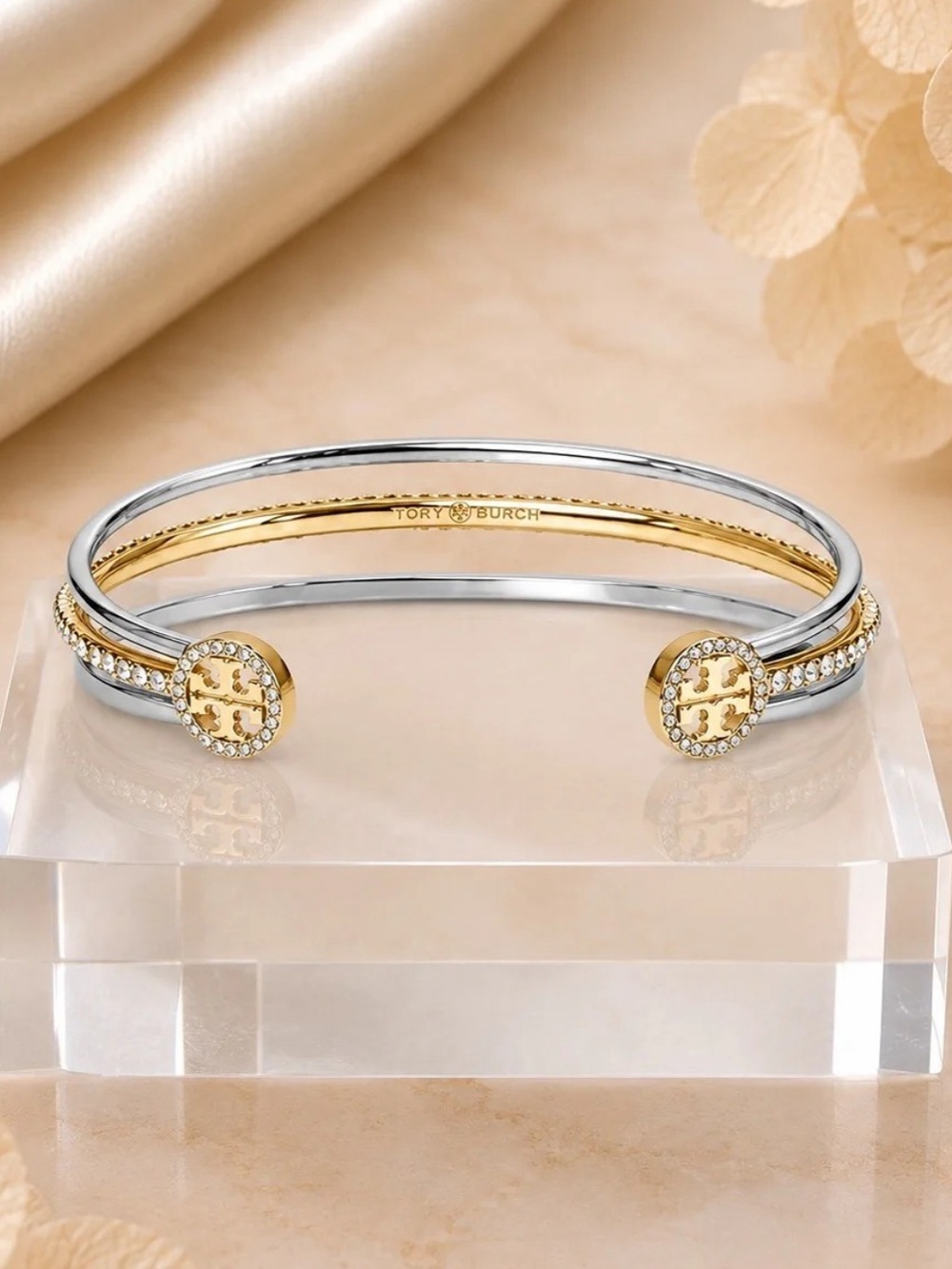 Tory Burch Two-Tone Gold & Silver Logo Cuff Bracelet